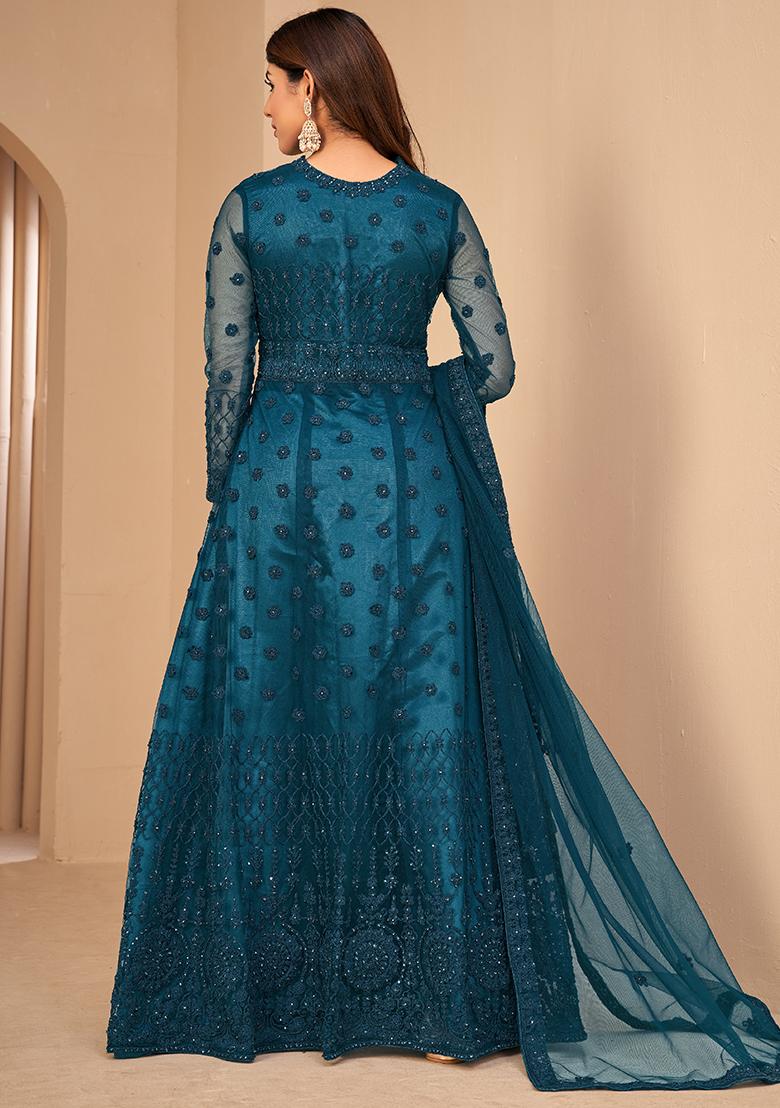 Turquoise Dori Embroidered Net Anarkali With Dupatta - Indya