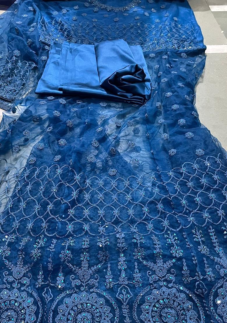 Turquoise Dori Embroidered Net Anarkali With Dupatta - Indya