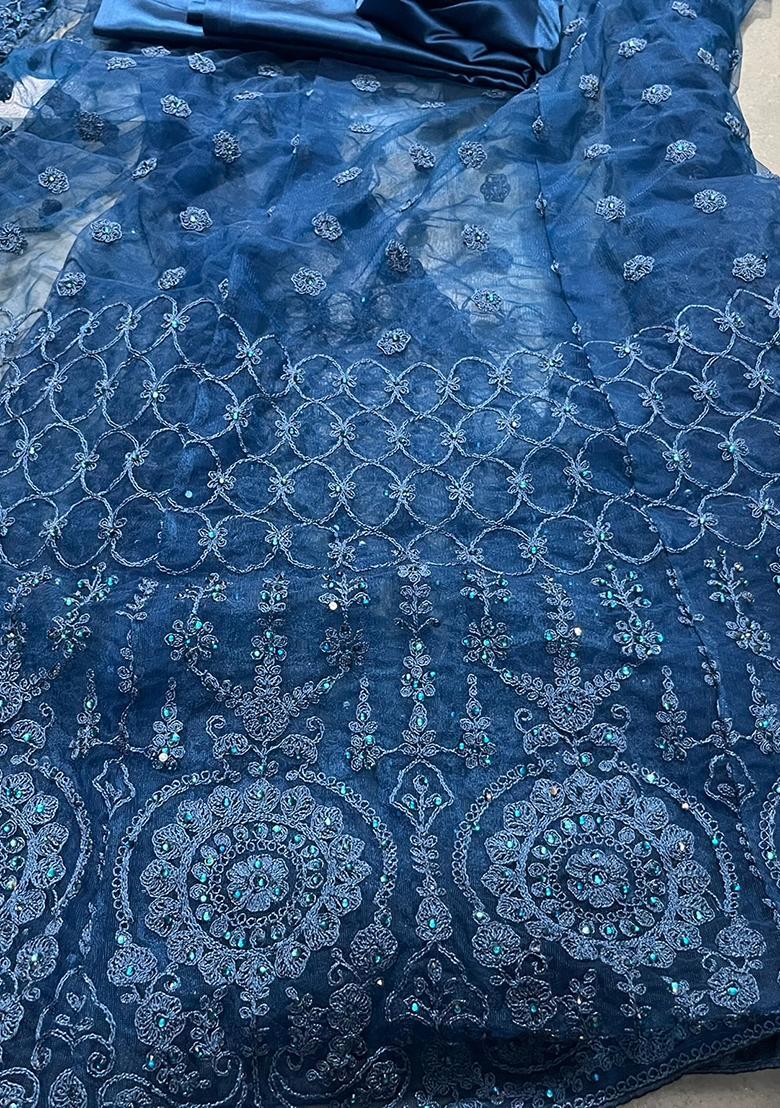 Turquoise Dori Embroidered Net Anarkali With Dupatta - Indya