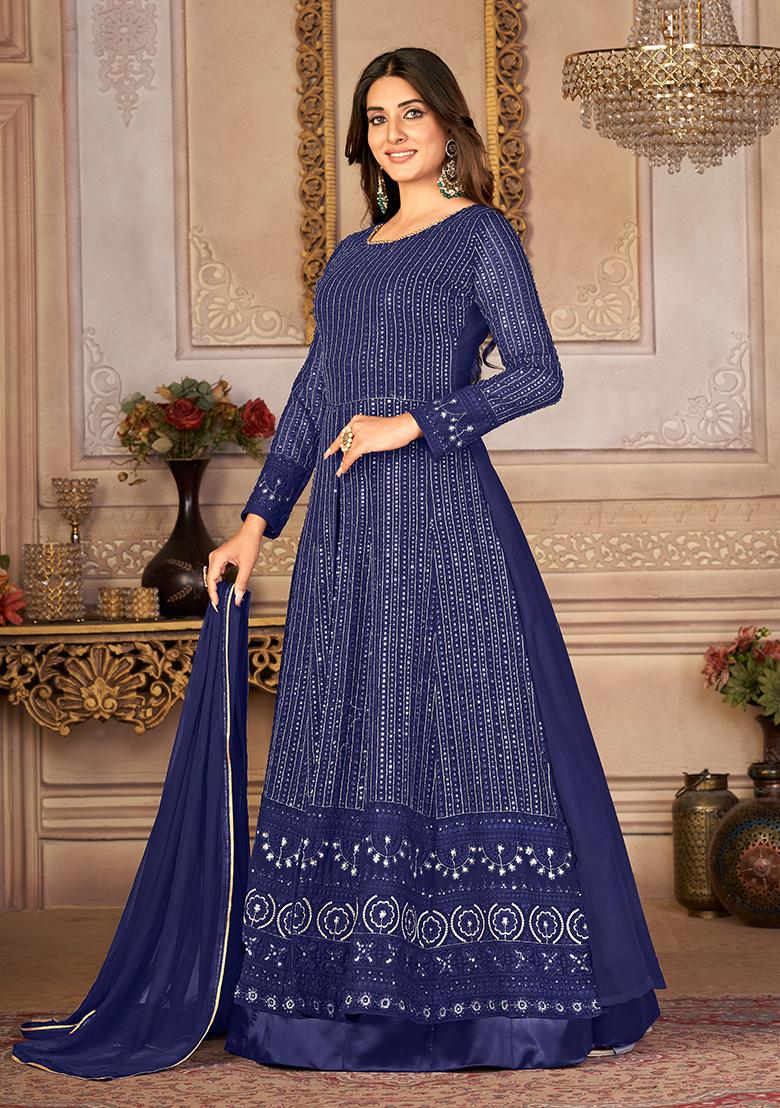 Blue Sequin Thread Embroidered Georgette Anarkali Set - Indya