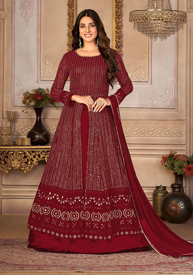 Maroon Sequin Thread Embroidered Georgette Anarkali Set