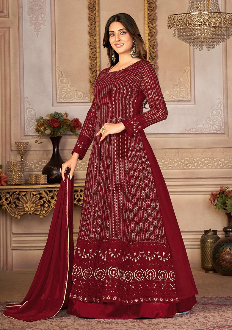 Maroon Sequin Thread Embroidered Georgette Anarkali Set