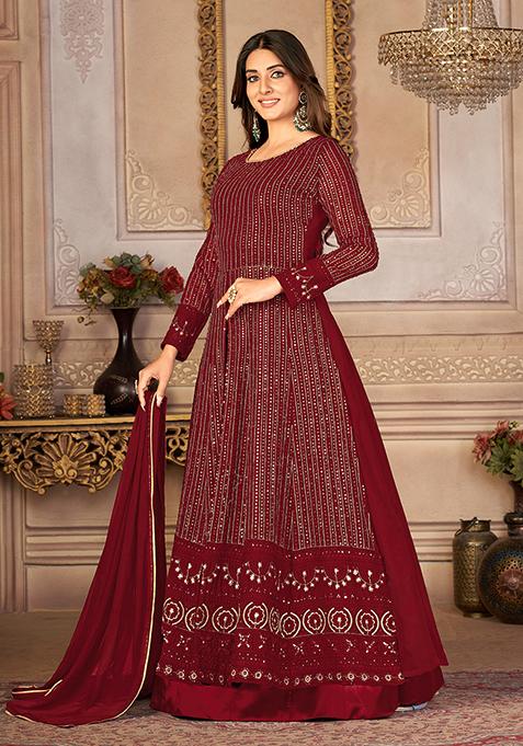 Maroon Sequin Thread Embroidered Georgette Anarkali Set