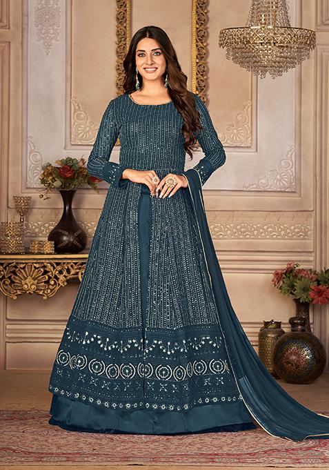 Turquoise Sequin Thread Embroidered Georgette Anarkali With Dupatta