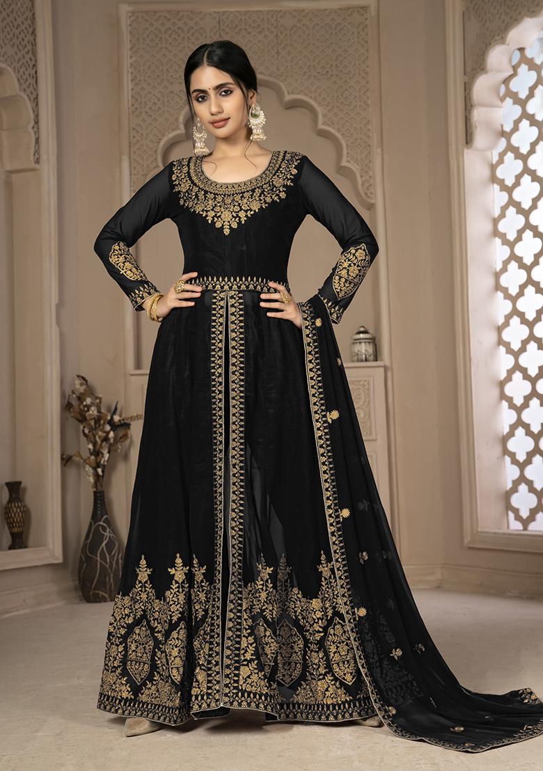 Black Sequin Zari Embroidered Georgette Anarkali Set - Indya