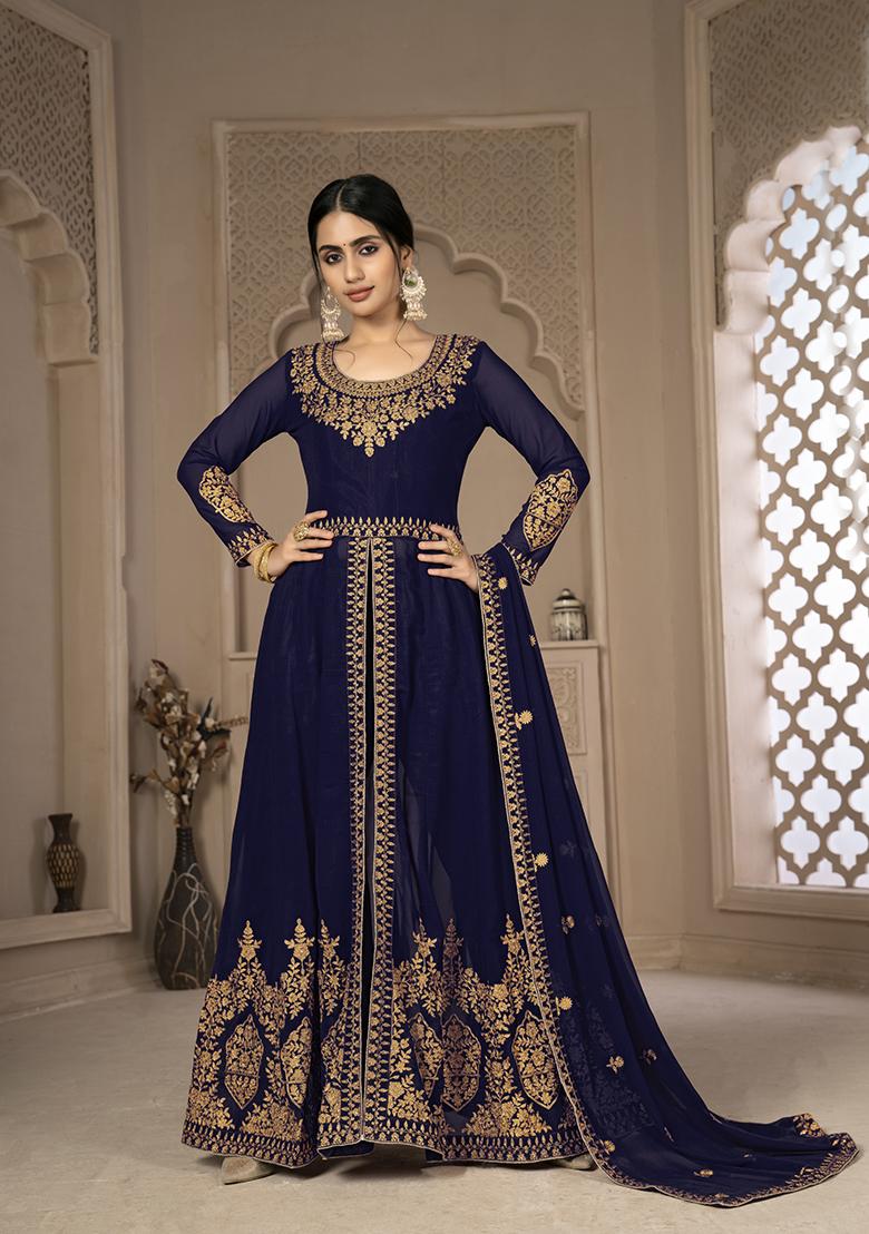 Blue Sequin Zari Embroidered Georgette Anarkali Set