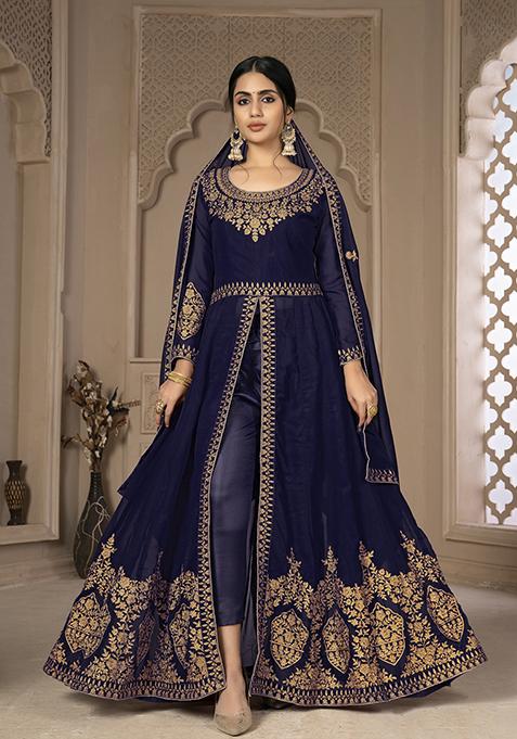 Blue Sequin Zari Embroidered Georgette Anarkali Set