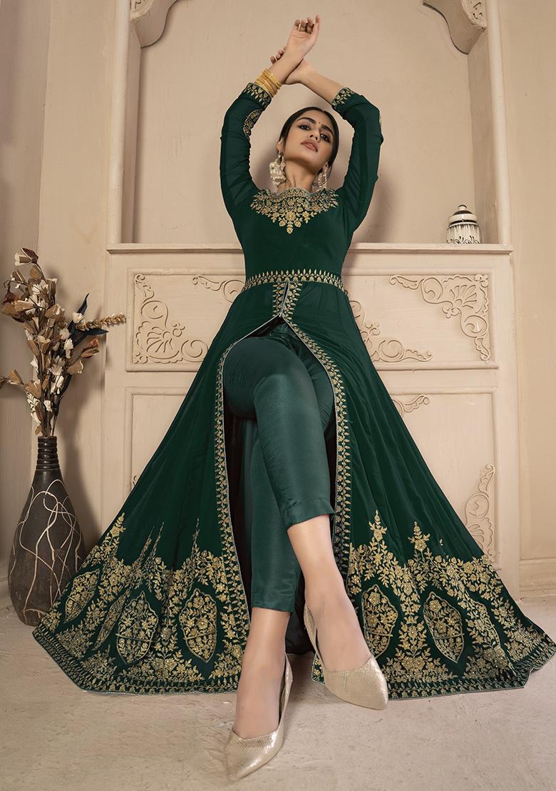 Green Sequin Zari Embroidered Georgette Anarkali Set