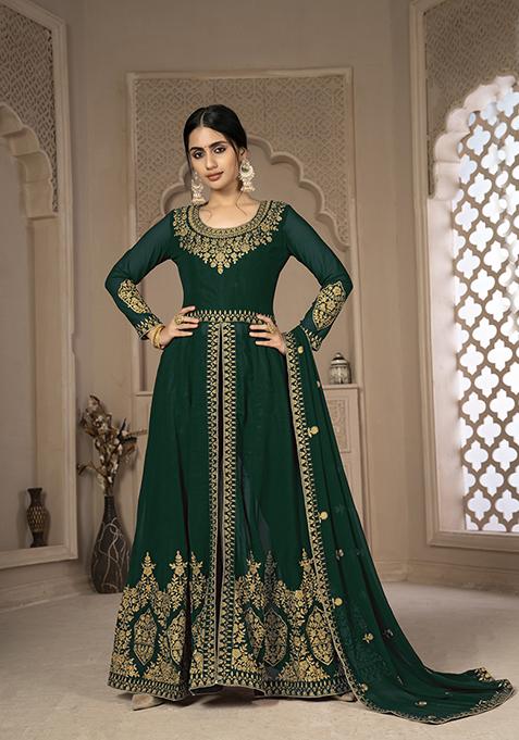 Green Sequin Zari Embroidered Georgette Anarkali Set