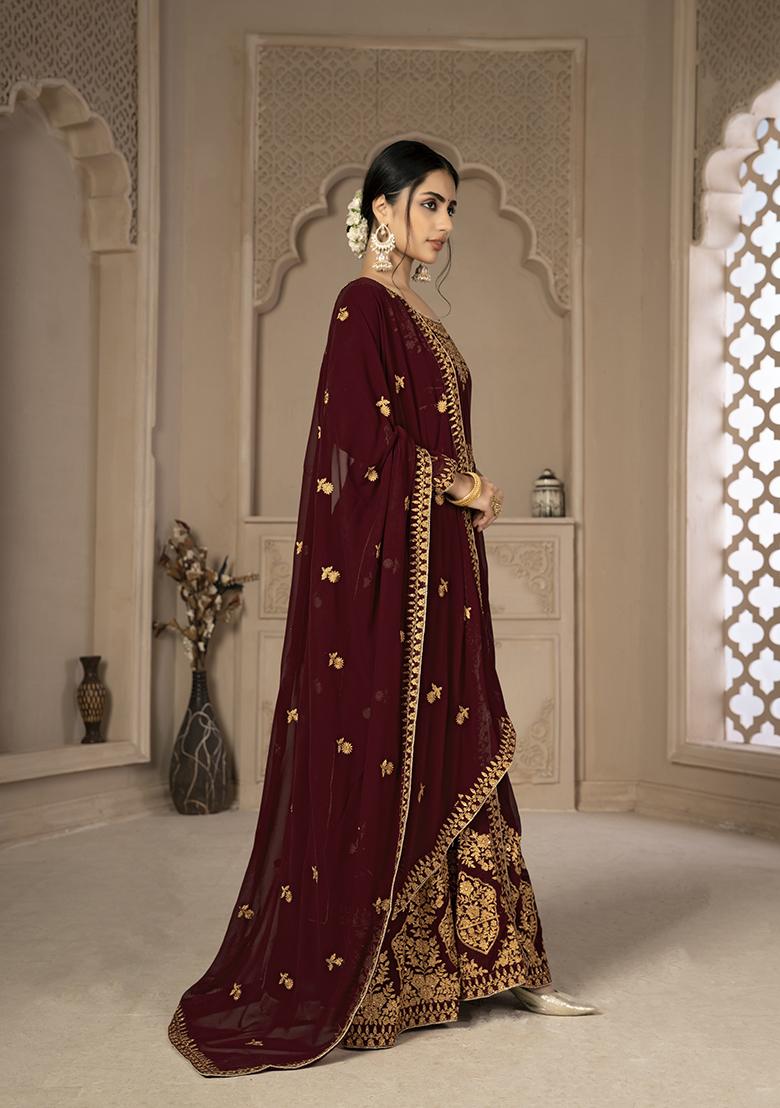 Maroon Sequin Zari Embroidered Georgette Anarkali Set - Indya