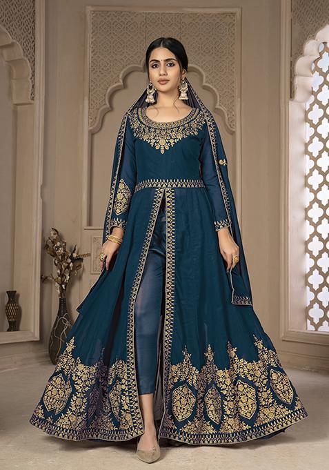 Turquoise Sequin Zari Embroidered Georgette Anarkali Set