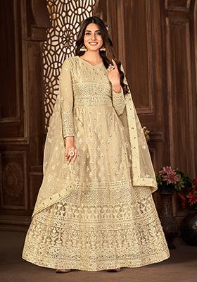 Beige Sequin Thread Embroidered Net Anarkali Set