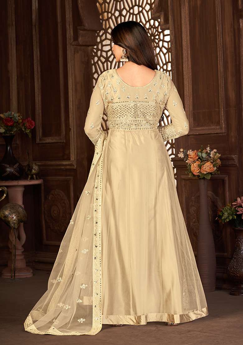 Beige Embroidered Net Anarkali Set - Indya