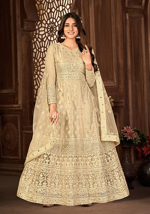 Beige Sequin Thread Embroidered Net Anarkali With Dupatta