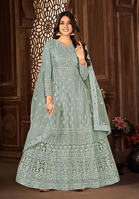 Grey Sequin Thread Embroidered Net Anarkali Set