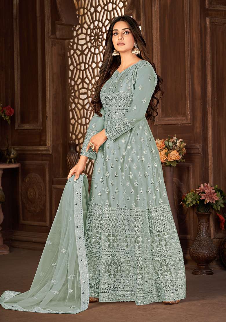 Grey Embroidered Net Anarkali Set - Indya