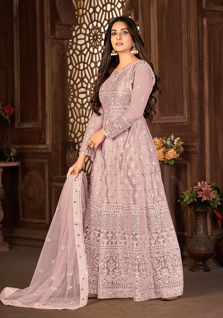 Dusty Purple Sequin Thread Embroidered Net Anarkali Set - Indya
