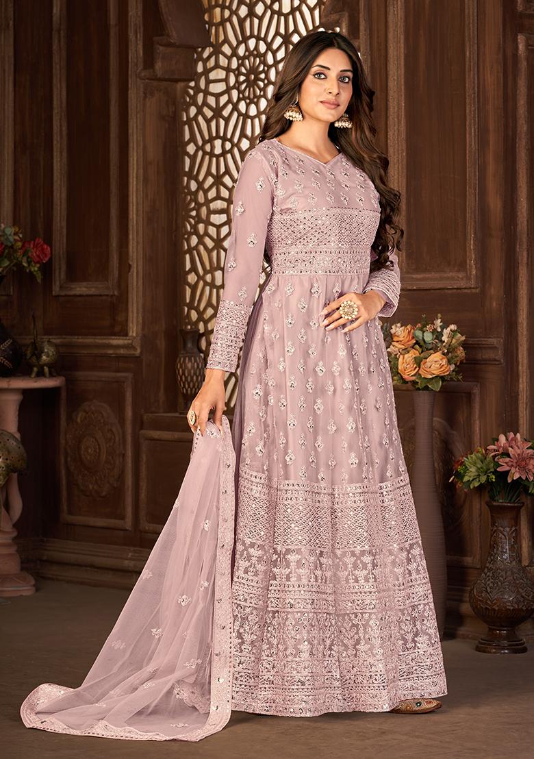 Dusty Purple Sequin Thread Embroidered Net Anarkali Set - Indya