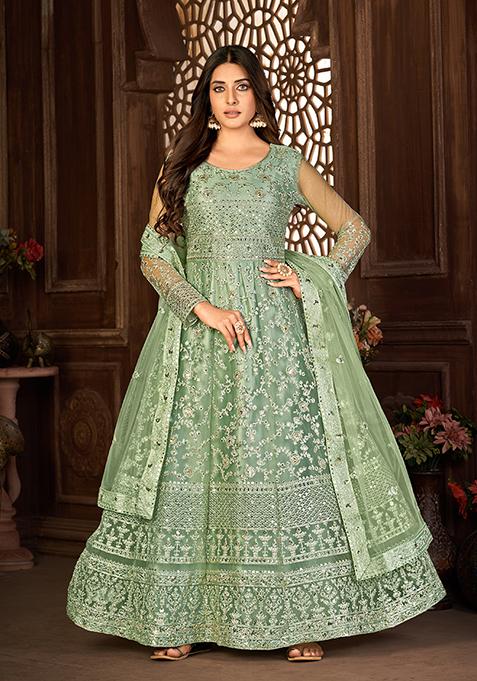 Green Sequin Thread Embroidered Net Anarkali Set
