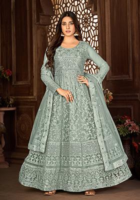 Grey Sequin Thread Embroidered Net Anarkali Set