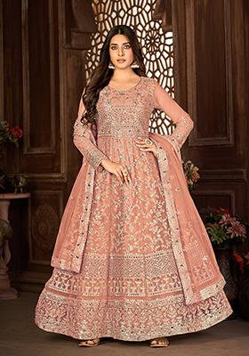 Peach Sequin Thread Embroidered Net Anarkali Set