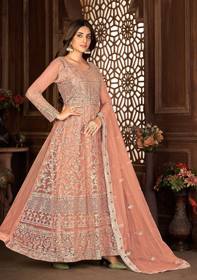 Peach Embroidered Net Anarkali Set - Indya