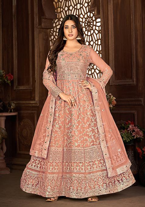 Peach Sequin Thread Embroidered Net Anarkali With Dupatta