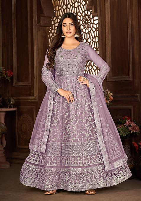 Purple Sequin Thread Embroidered Net Anarkali Set