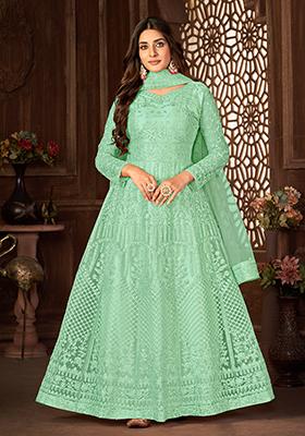 Green Sequin Thread Embroidered Net Anarkali Set