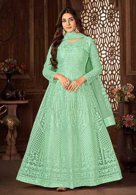 Green Sequin Thread Embroidered Net Anarkali With Dupatta
