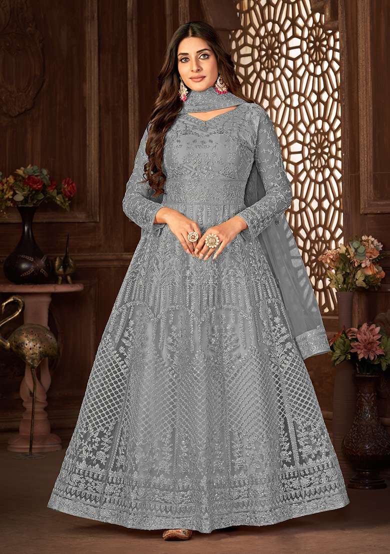 Grey Embroidered Net Anarkali Set - Indya
