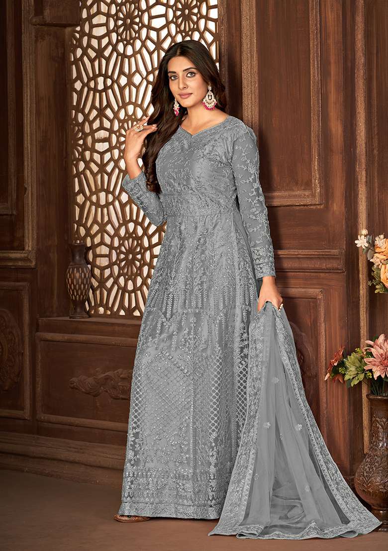 Grey Embroidered Net Anarkali Set - Indya
