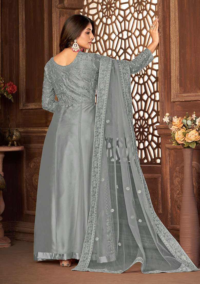Grey Embroidered Net Anarkali Set - Indya