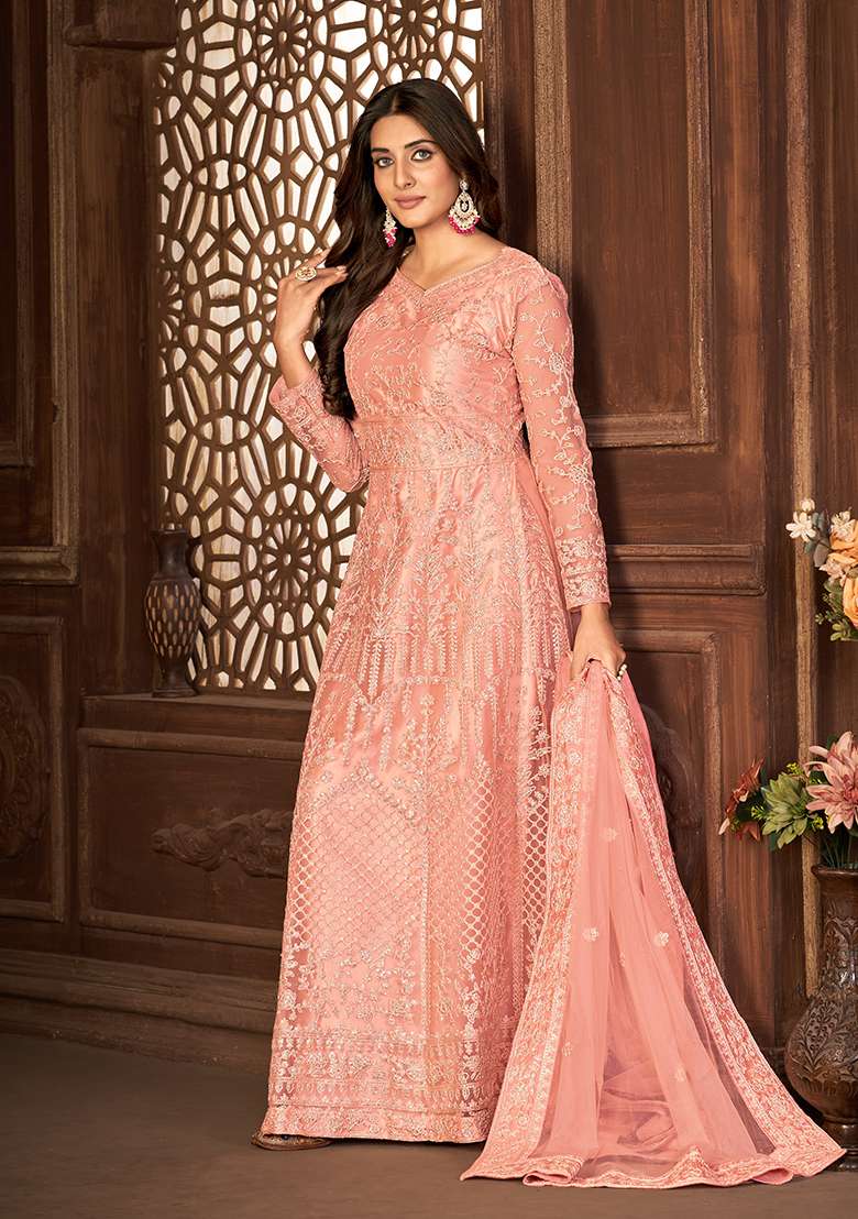 Peach Embroidered Net Anarkali Set - Indya
