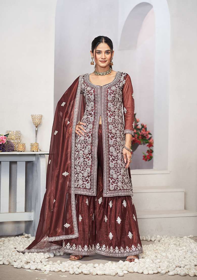Brown Embroidered Net Sharara Set - Indya