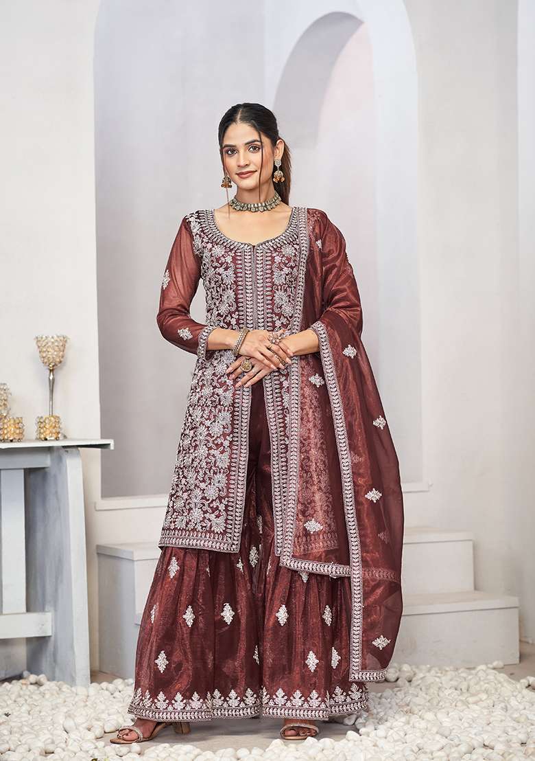 Brown Embroidered Net Sharara Set - Indya