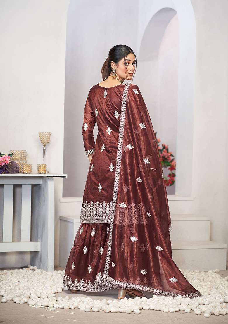 Brown Embroidered Net Sharara Set - Indya