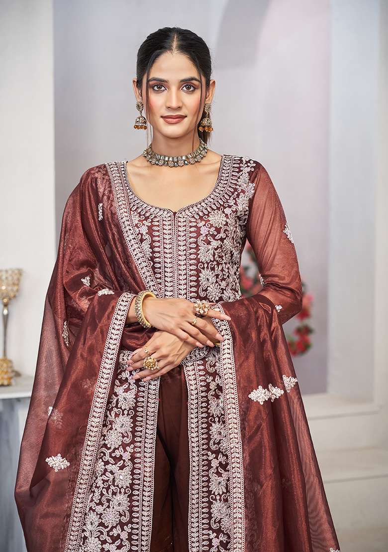 Brown Embroidered Net Sharara Set - Indya