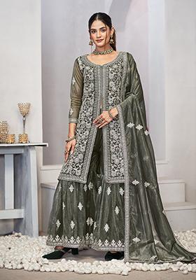 Olive Green Sequin Thread Embroidered Twill Net Kurta Set