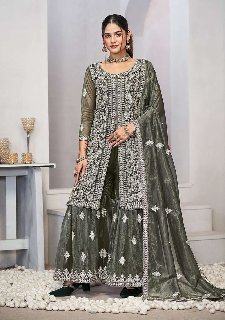 Olive Green Embroidered Twill Sharara Set - Indya