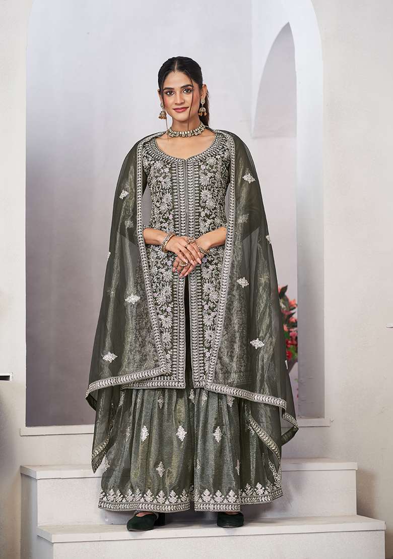 Olive Green Embroidered Twill Sharara Set - Indya