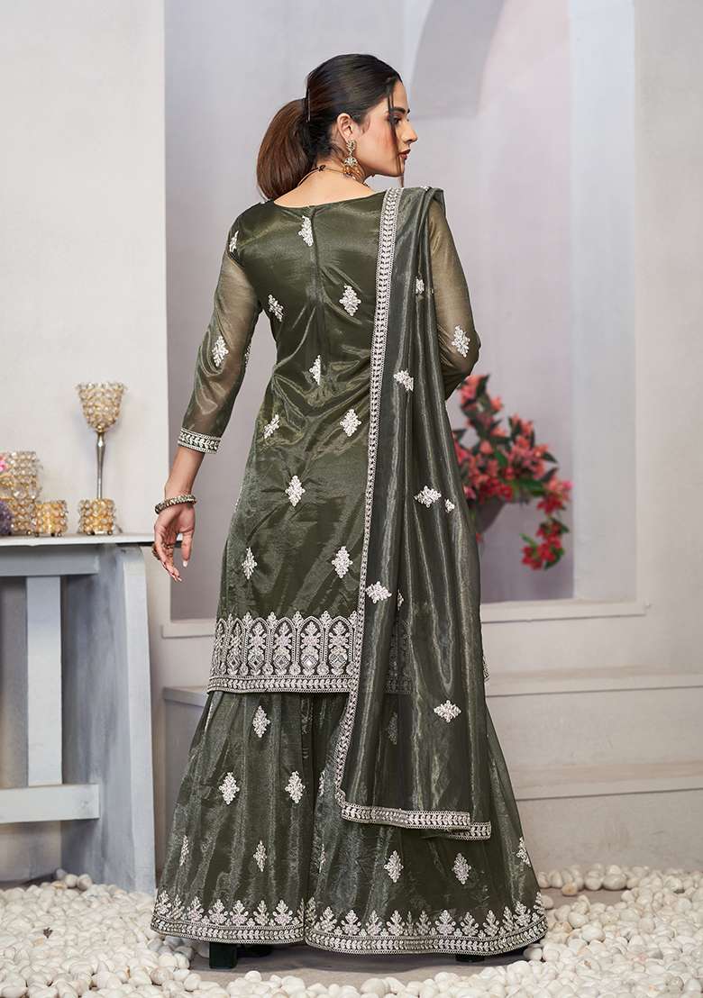 Olive Green Embroidered Twill Sharara Set - Indya