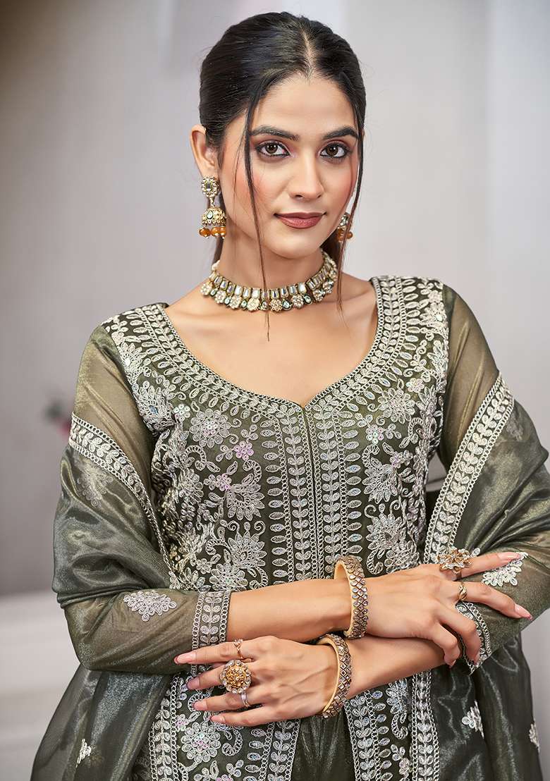 Olive Green Embroidered Twill Sharara Set - Indya