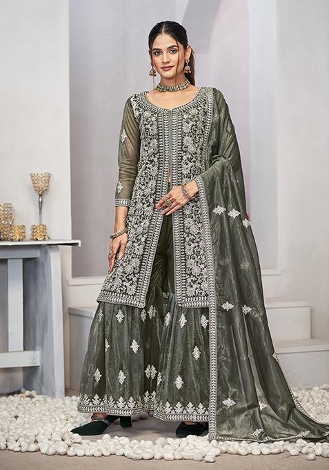 Olive Green Sequin Thread Embroidered Twill Net Kurta Set