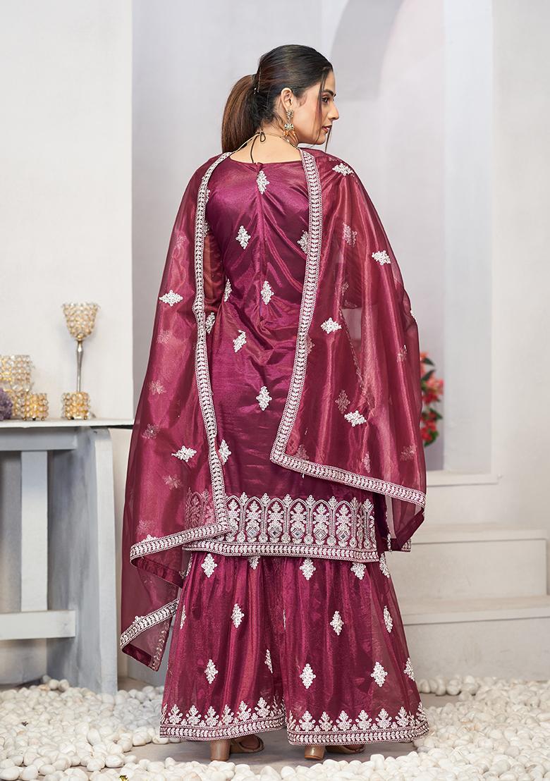 Purple Sequin Thread Embroidered Twill Net Kurta Set