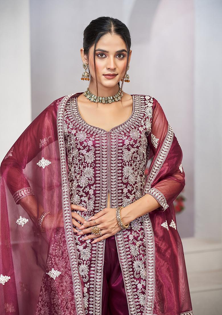 Purple Sequin Thread Embroidered Twill Net Kurta Set