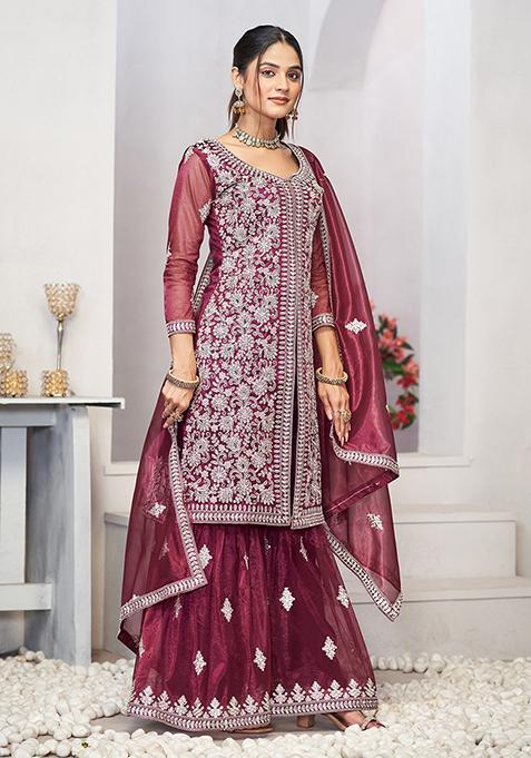 Purple Sequin Thread Embroidered Twill Net Kurta Set