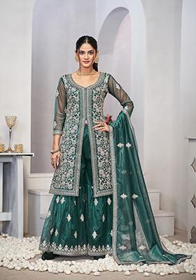 Turquoise Sequin Thread Embroidered Twill Net Kurta Set