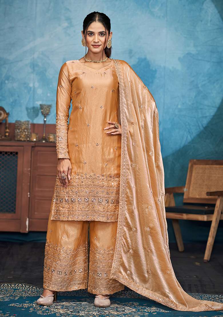 Golden Embroidered Silk Blend Straight Kurta Set - Indya