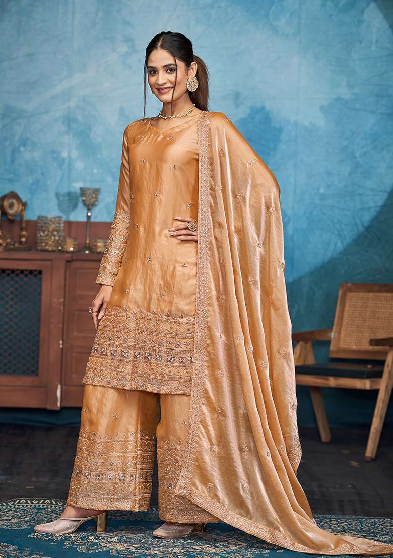 Golden Embroidered Silk Blend Straight Kurta Set - Indya